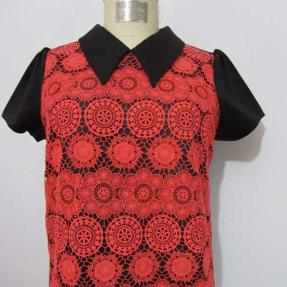 Orange Lace Top Pointed Collar Black Crepe - Picture 2 of 9